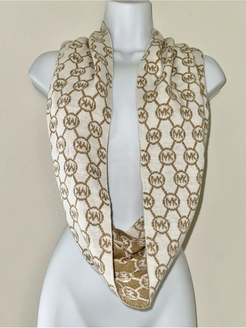 Michael Kors MK Logo Metallic Infinity Scarf Tan Gold Knit
